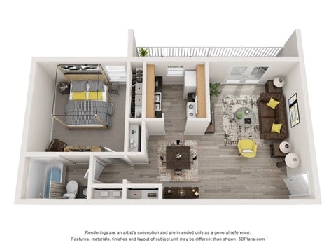 Floor plan for 1 bed, 1 bath, 578 sqft